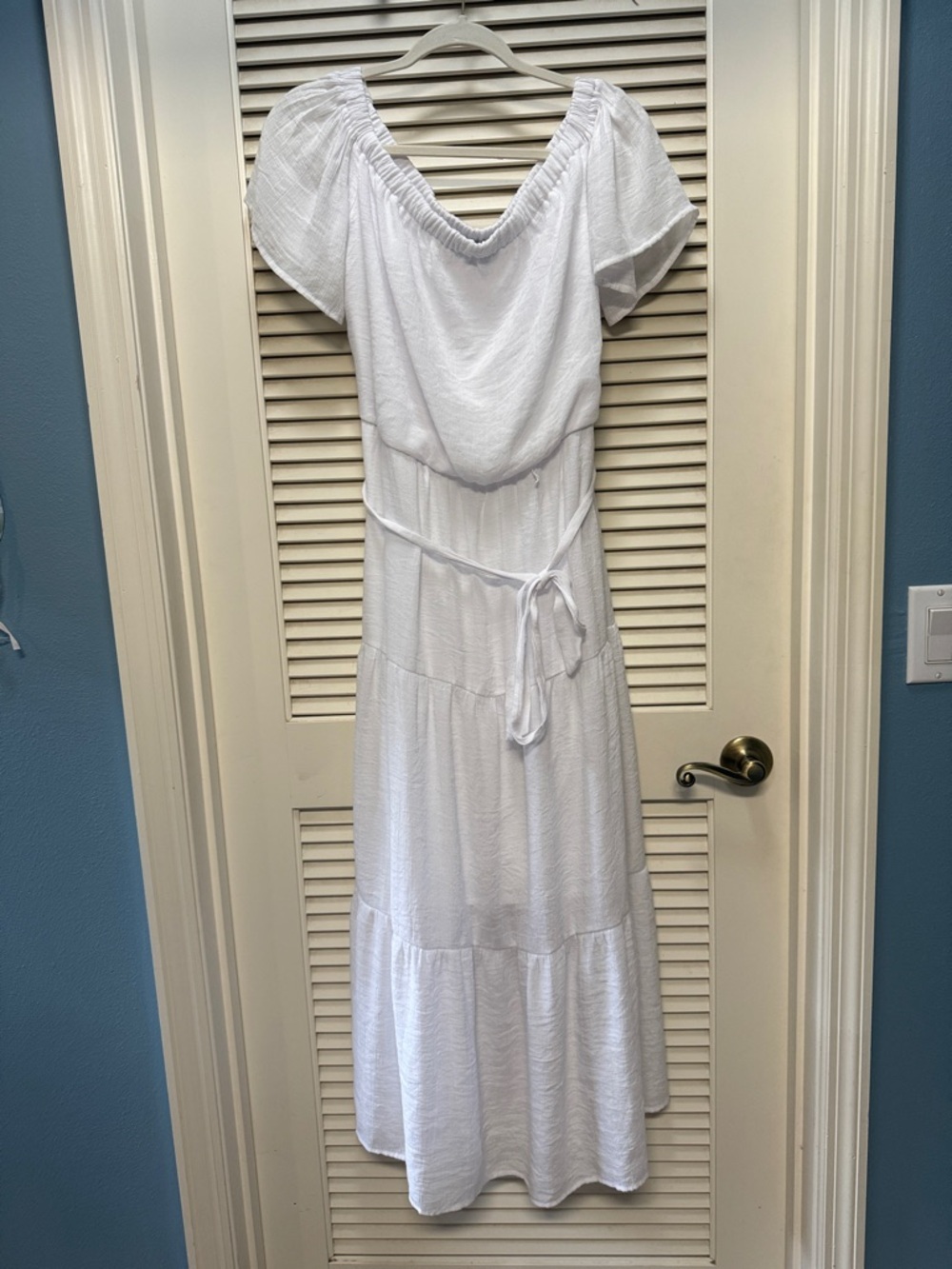 Luxology White Off-Shoulder Tiered Maxi Dress with Waist Tie